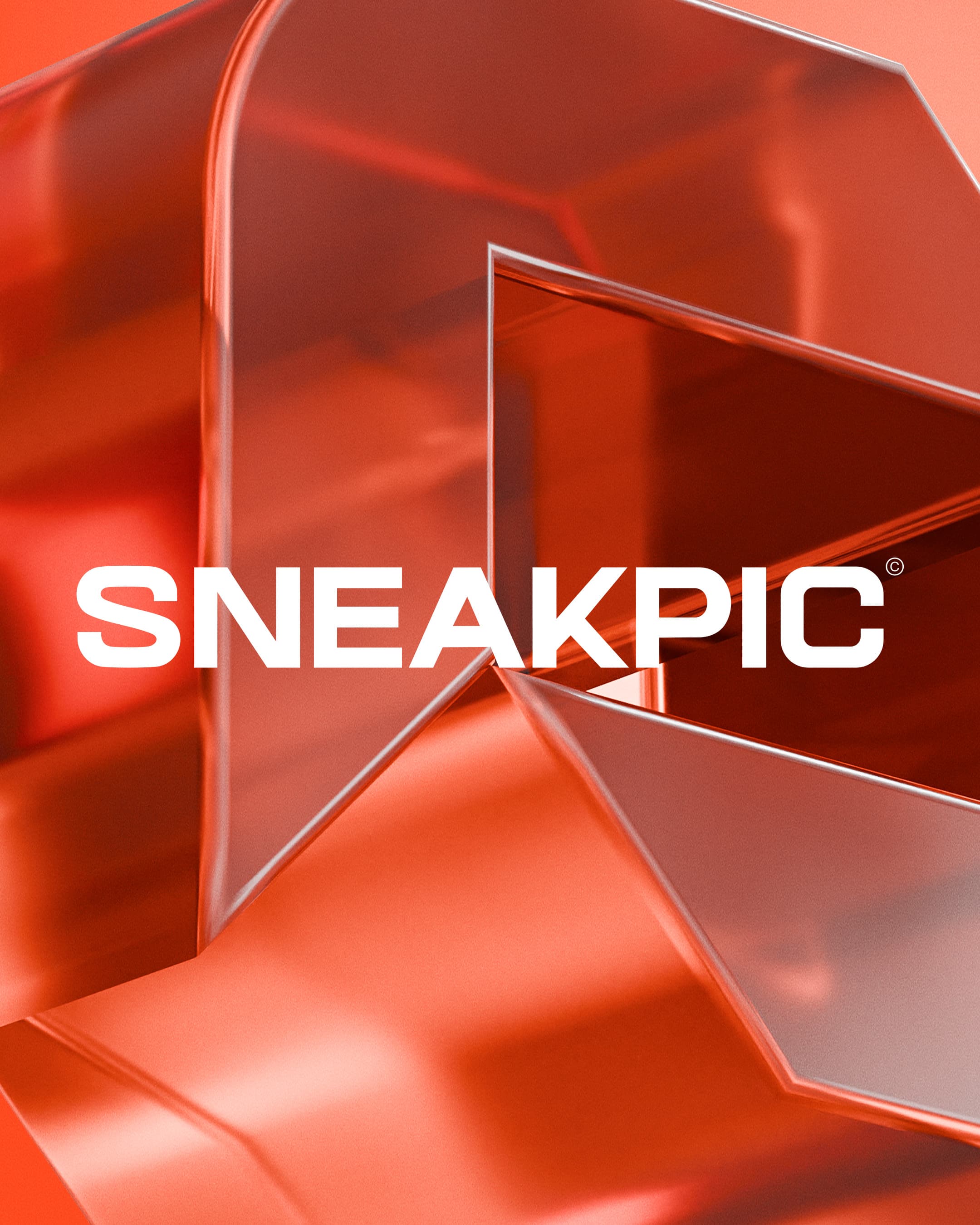 SNEAKPIC identity: orange sculptural forms with the white wordmark